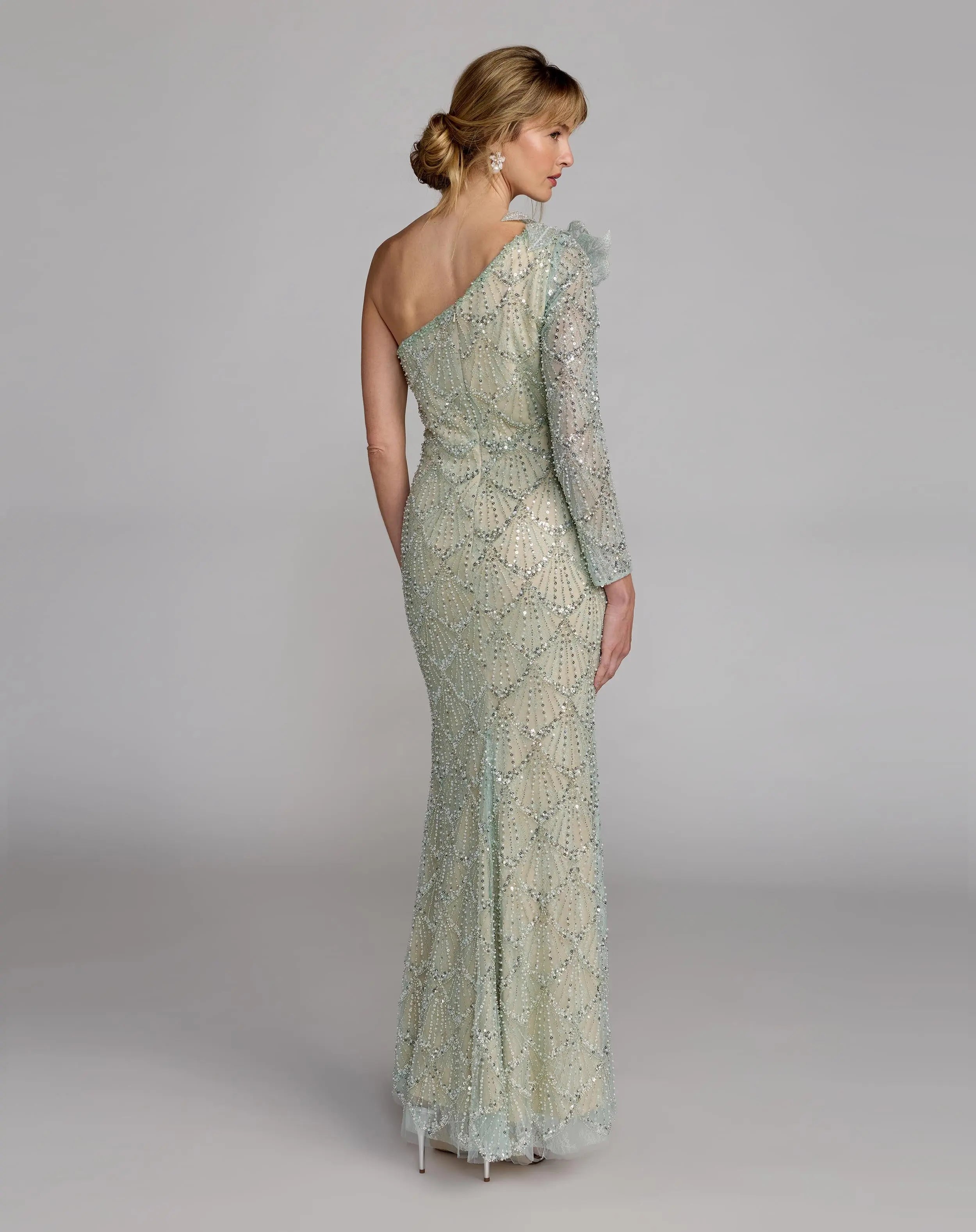 Green One Shoulder Embellished Gown With Floral Accent - Mac Duggal