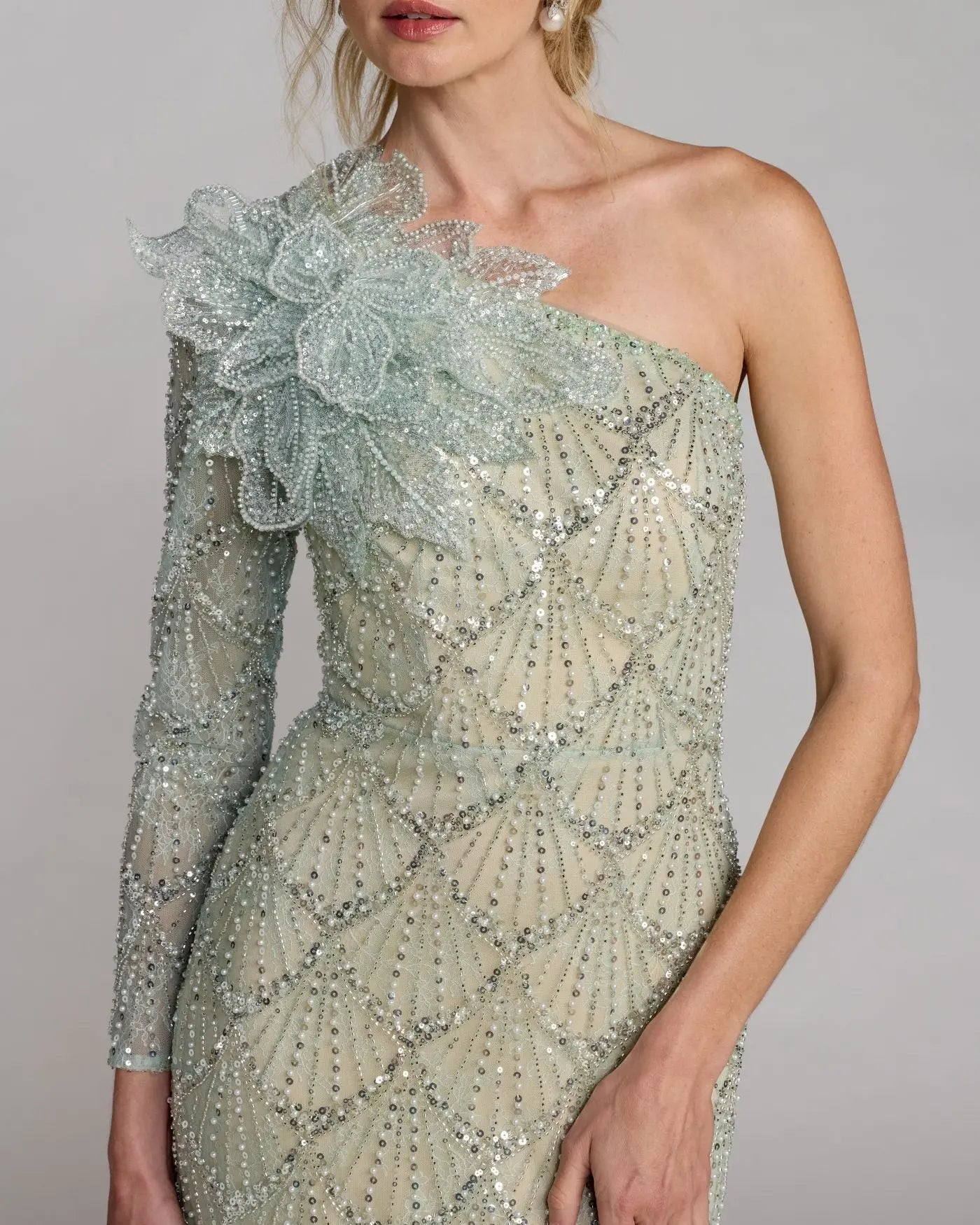 Green One Shoulder Embellished Gown With Floral Accent - Mac Duggal