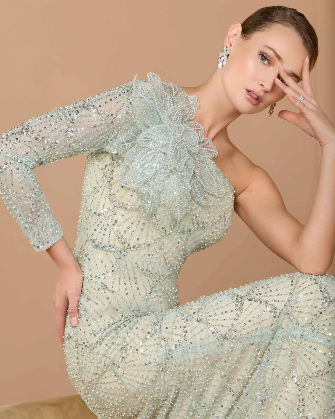 Green One Shoulder Embellished Gown With Floral Accent | Mac Duggal Green One Shoulder Embellished Gown With Floral Accent | Mac Duggal