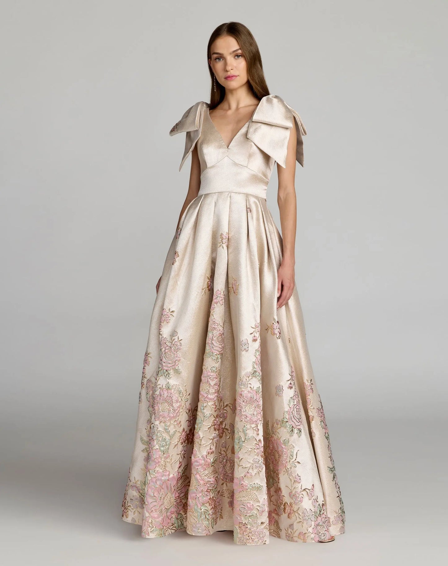 Mac Duggal - Brocade V Neck Gown With Bow Straps - Champagne Multi / 6 Mac Duggal - Brocade V Neck Gown With Bow Straps - Champagne Multi / 6