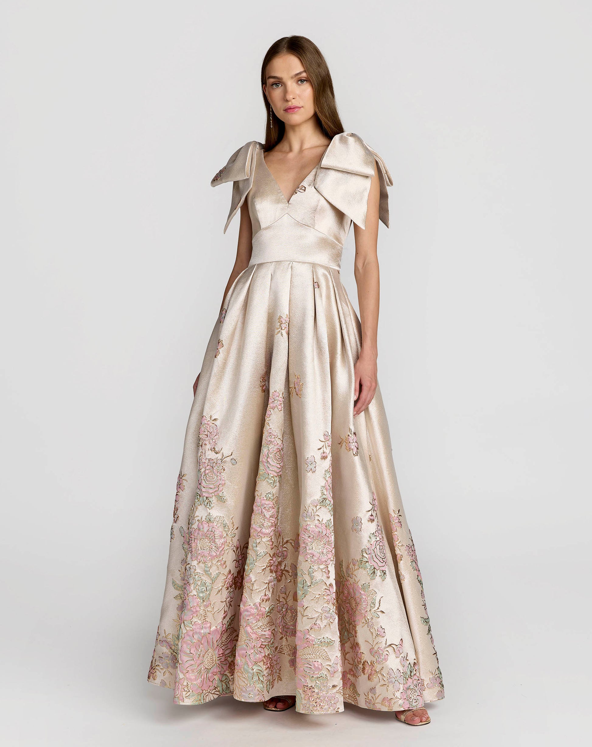 Ivory Brocade V Neck Ball Gown With Bow Straps - Mac Duggal