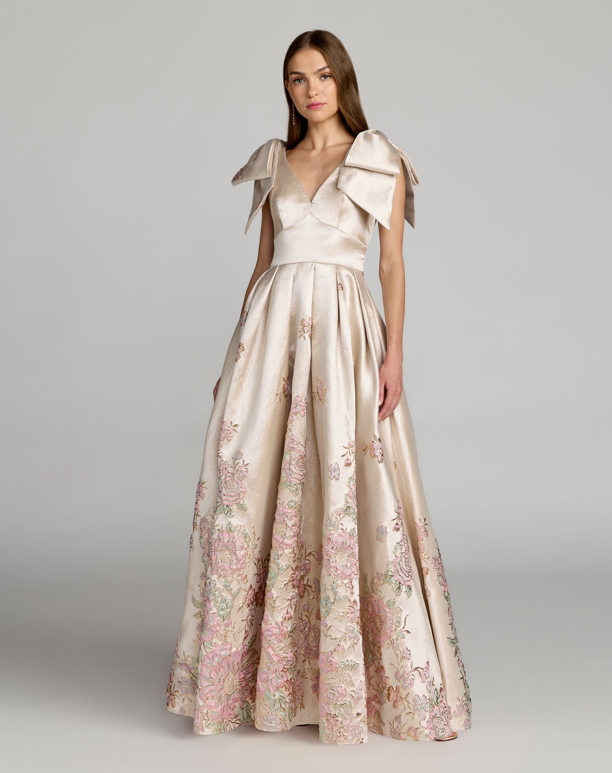 Ivory Brocade V Neck Ball Gown With Bow Straps - Mac Duggal