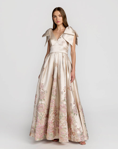 Ivory Brocade V Neck Ball Gown With Bow Straps - Mac Duggal
