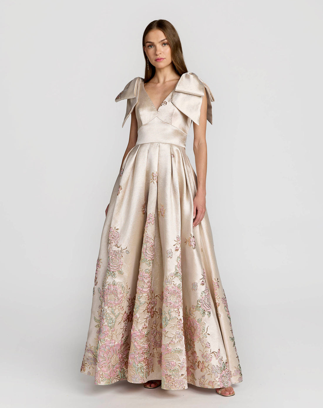 Ivory Brocade V Neck Ball Gown With Bow Straps - Mac Duggal