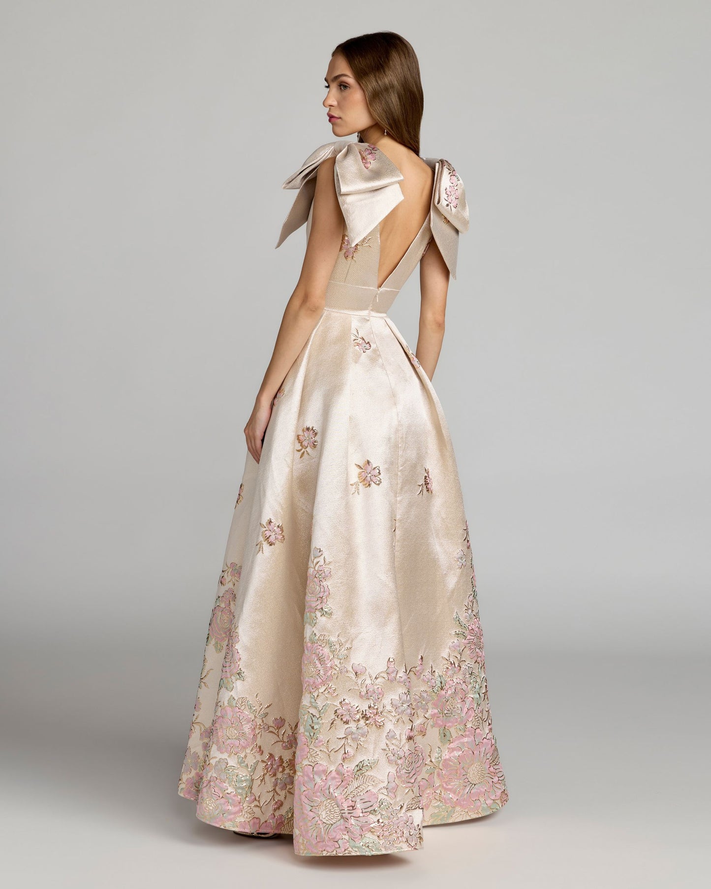 Ivory Brocade V Neck Ball Gown With Bow Straps - Mac Duggal