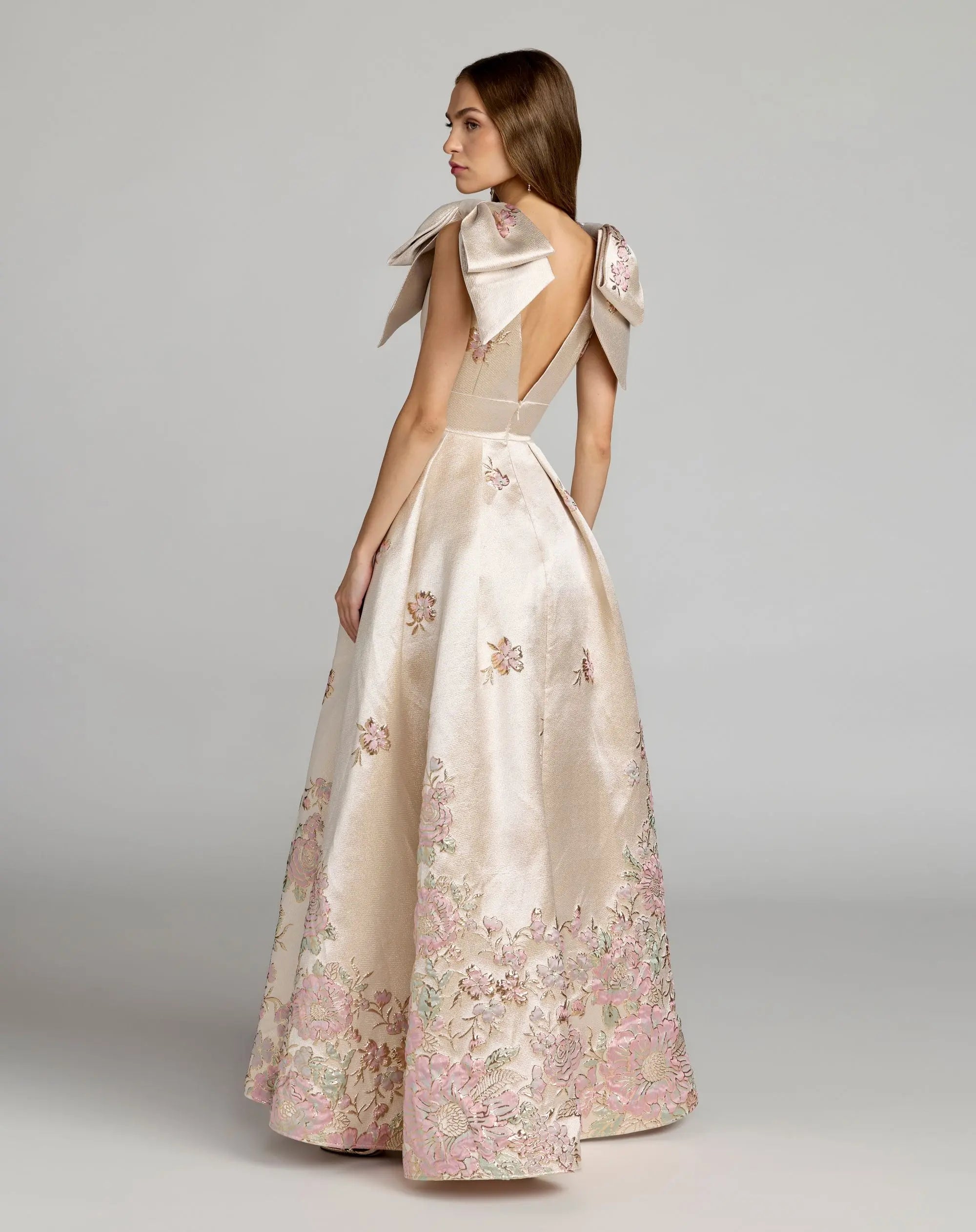 Ivory Brocade V Neck Ball Gown With Bow Straps - Mac Duggal