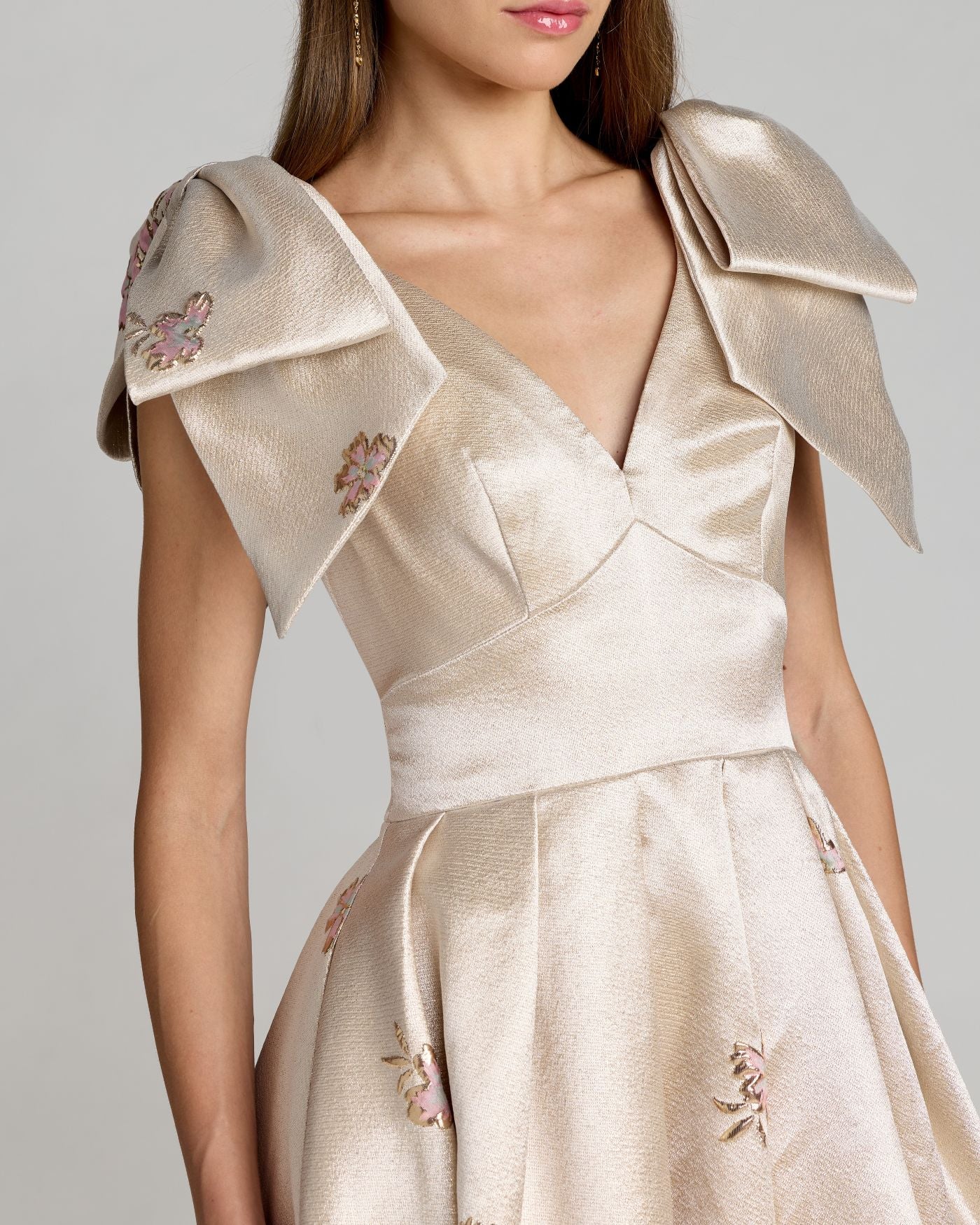 Ivory Brocade V Neck Ball Gown With Bow Straps - Mac Duggal