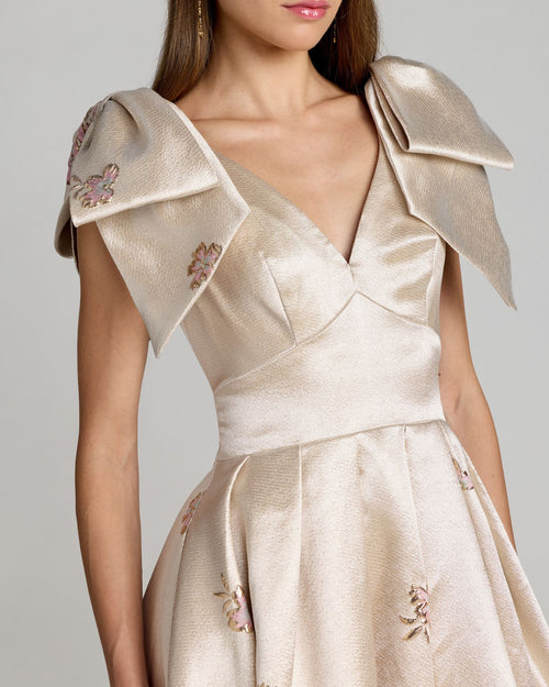 Ivory Brocade V Neck Ball Gown With Bow Straps - Mac Duggal