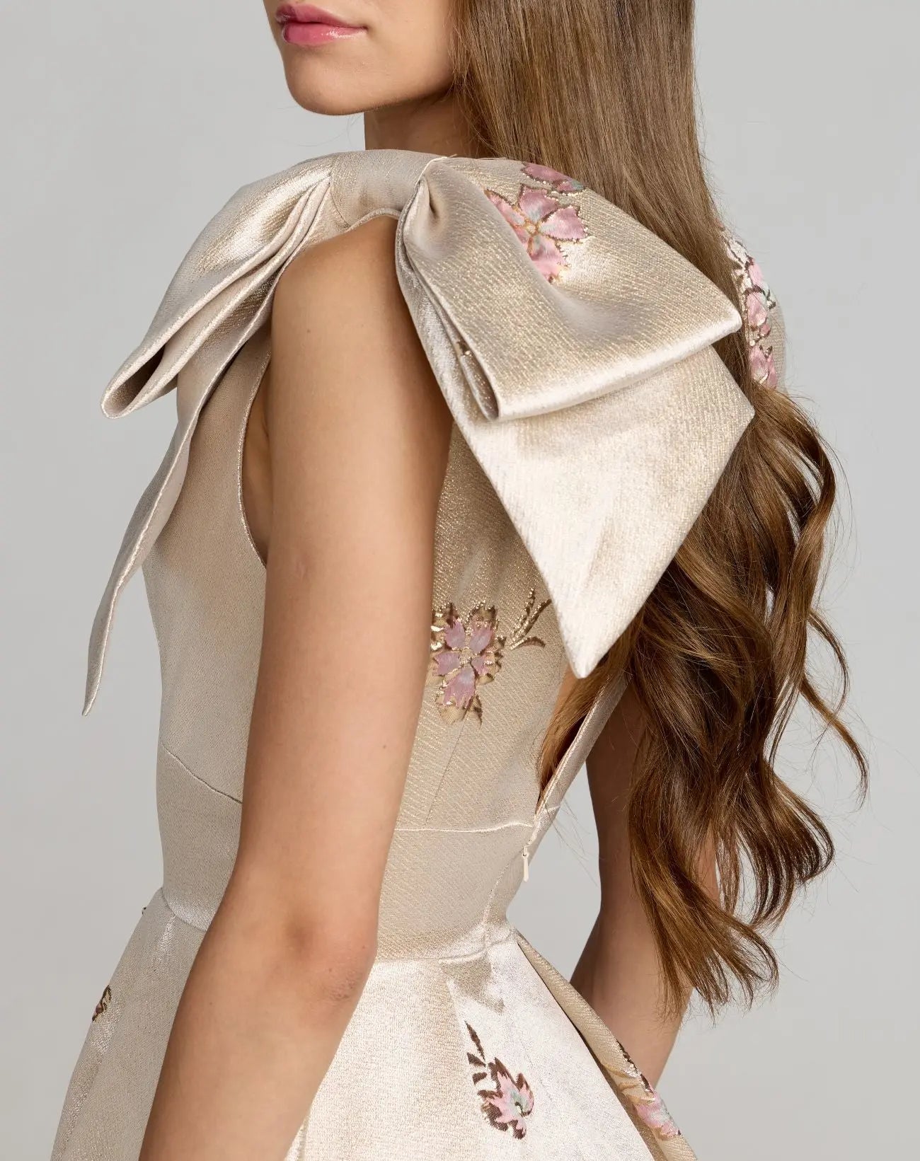 Ivory Brocade V Neck Ball Gown With Bow Straps - Mac Duggal