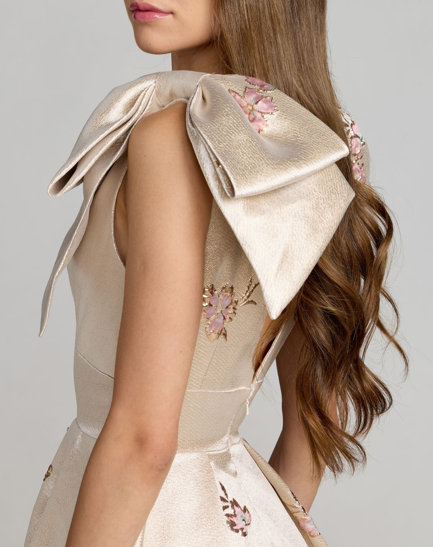 Ivory Brocade V Neck Ball Gown With Bow Straps - Mac Duggal