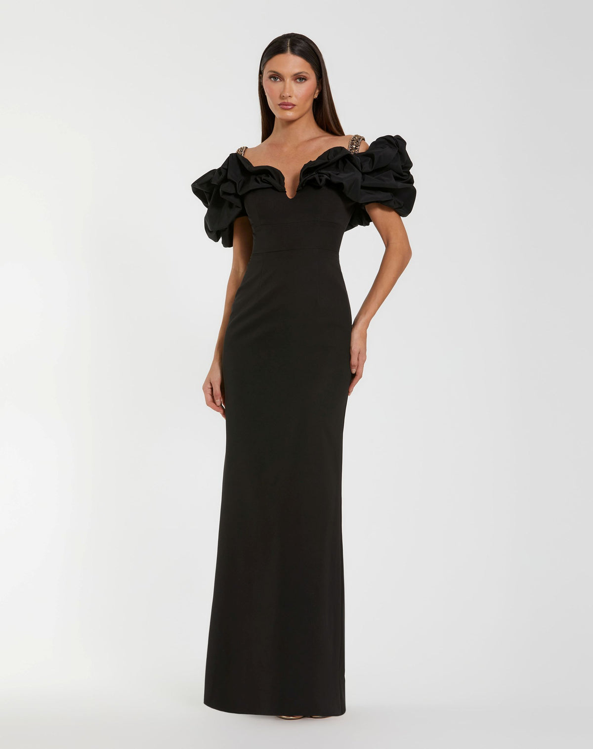 Black Crepe Off The Shoulder Column Gown  Ieena for Mac Duggal
