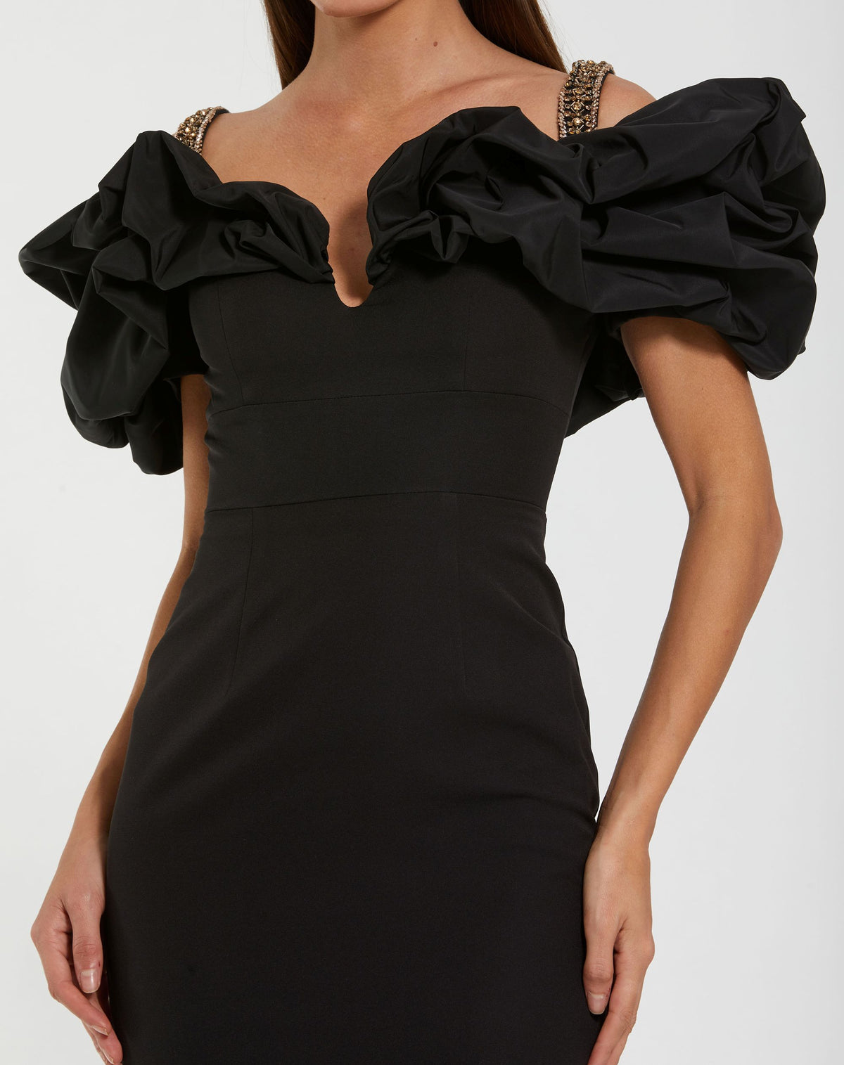 Black Crepe Off The Shoulder Column Gown  Ieena for Mac Duggal