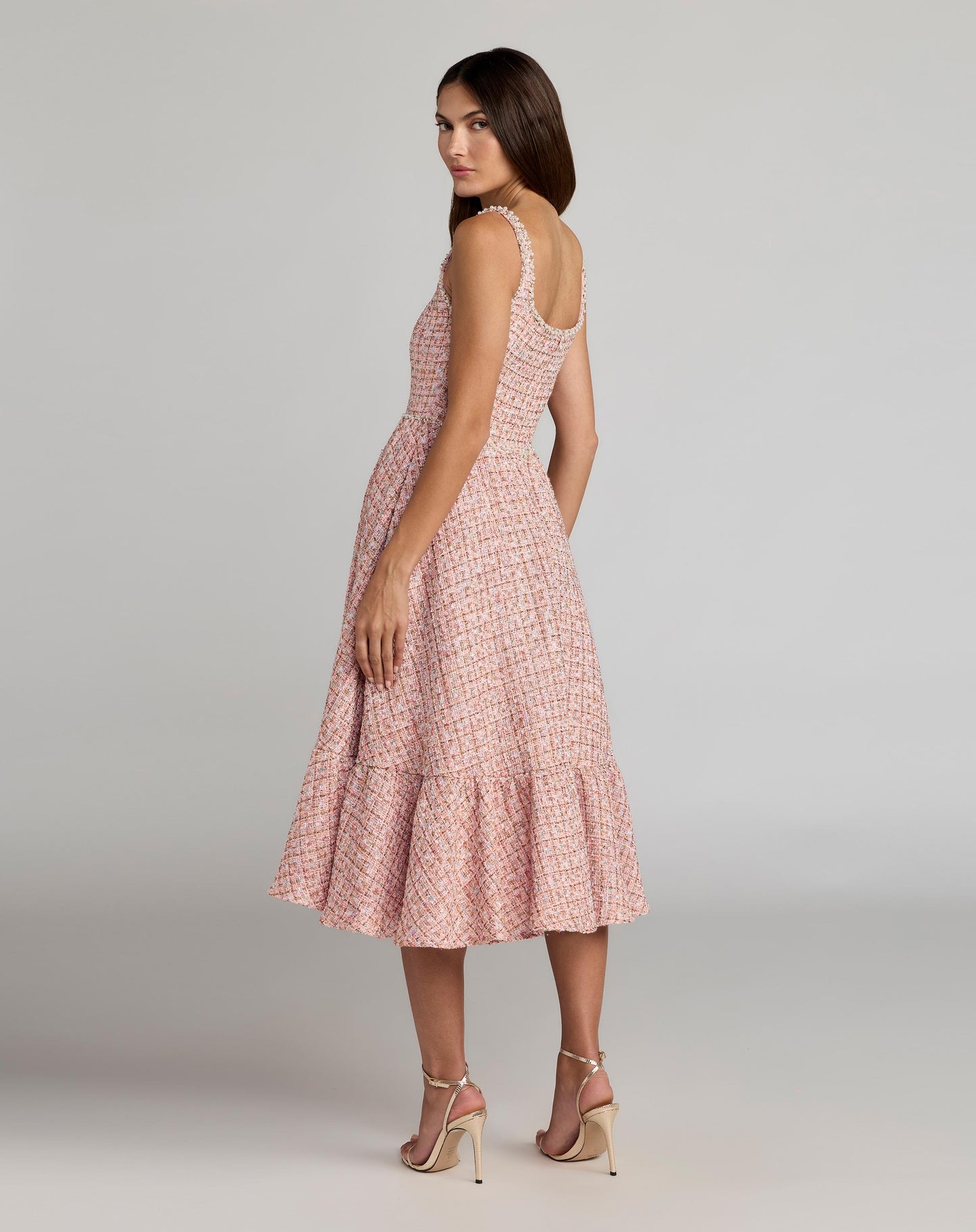 Pink Pearl Embellished Sleeveless Boucle Midi Dress - Ieena for Mac Duggal