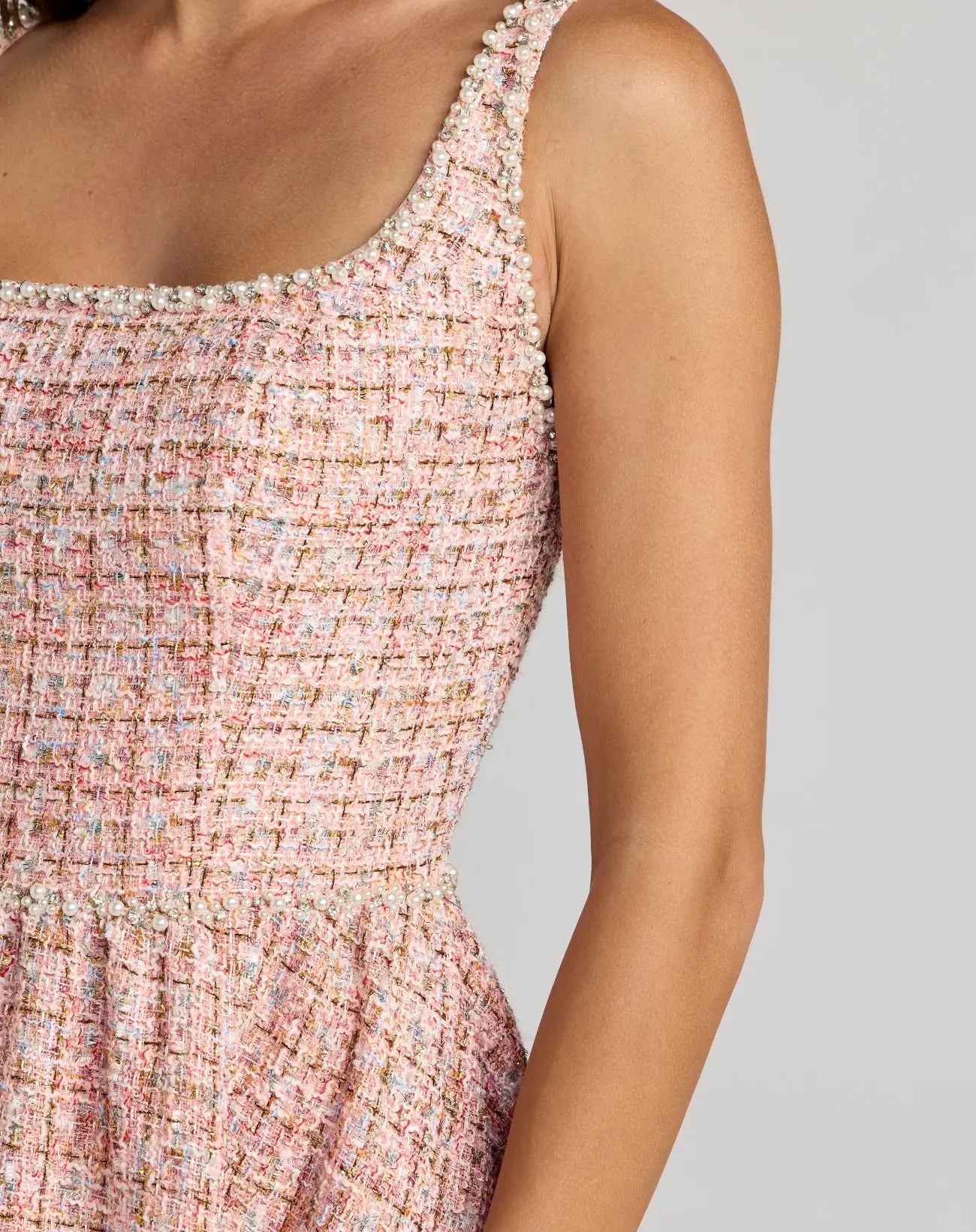 midi dress with pearls Ieena for Mac Duggal - Pink Pearl Embellished Sleeveless Boucle Midi Dress
