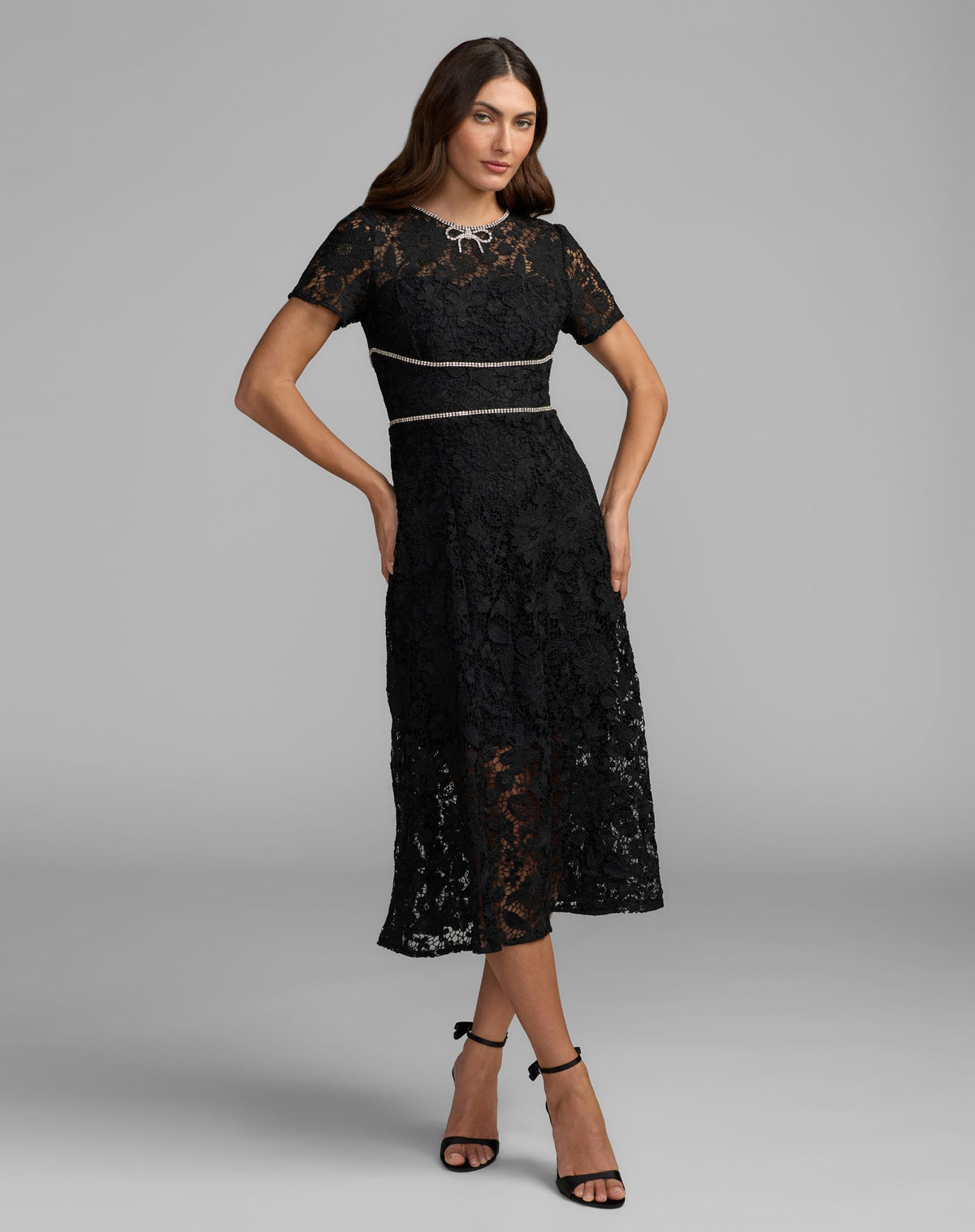 Black Short Sleeve Lace Midi Dress With Rhinestone Trim - Mac Duggal