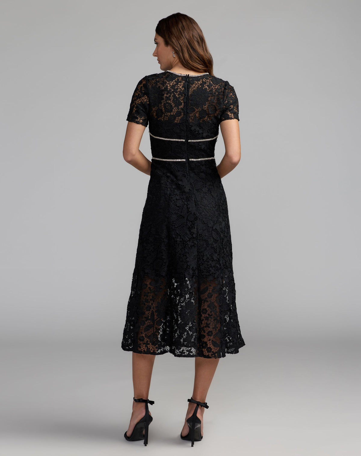 Black Short Sleeve Lace Midi Dress With Rhinestone Trim - Mac Duggal