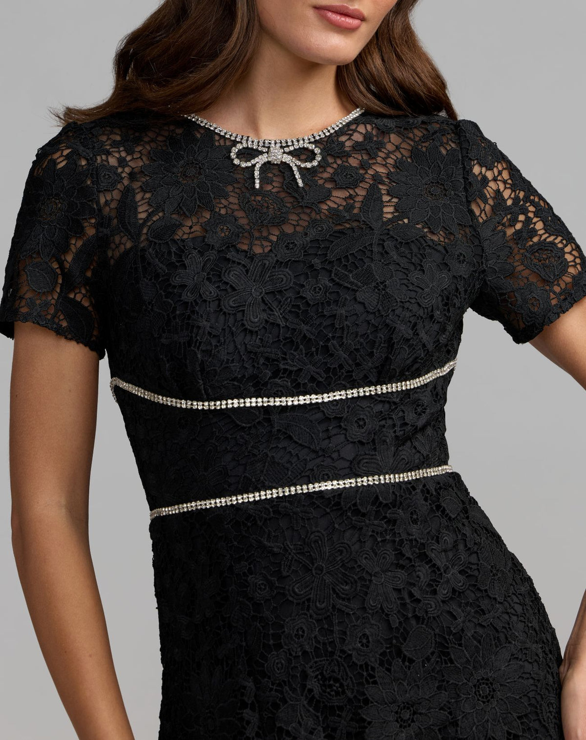 Black Short Sleeve Lace Midi Dress With Rhinestone Trim - Mac Duggal