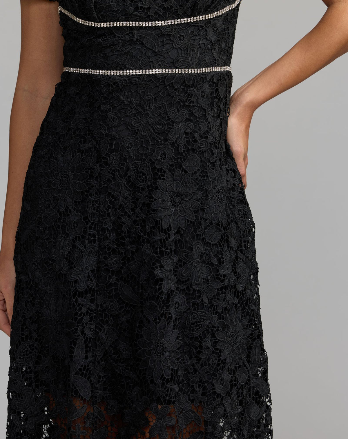 Black Short Sleeve Lace Midi Dress With Rhinestone Trim - Mac Duggal