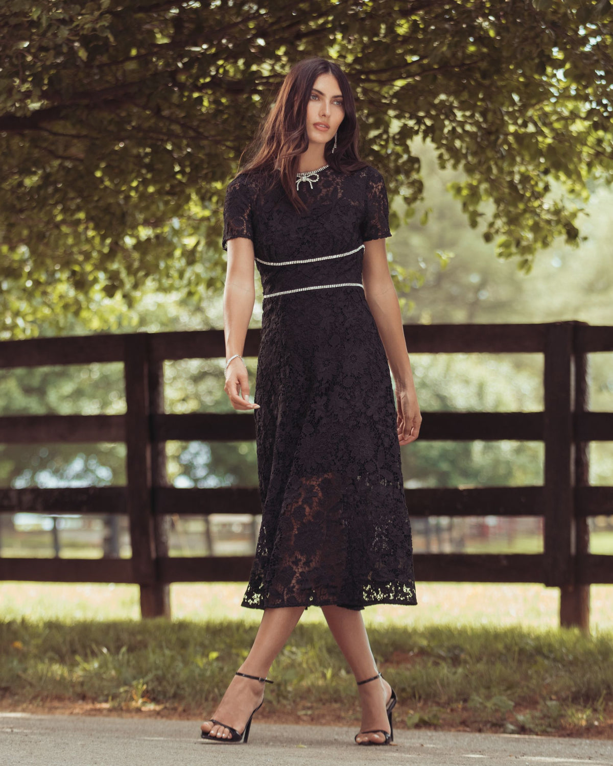 Black Short Sleeve Lace Midi Dress With Rhinestone Trim