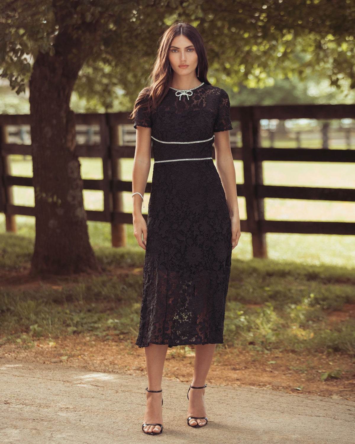 Black Short Sleeve Lace Midi Dress With Rhinestone Trim