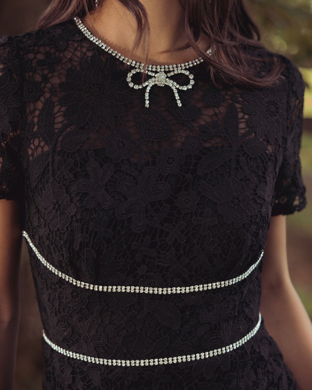 Black Short Sleeve Lace Midi Dress With Rhinestone Trim