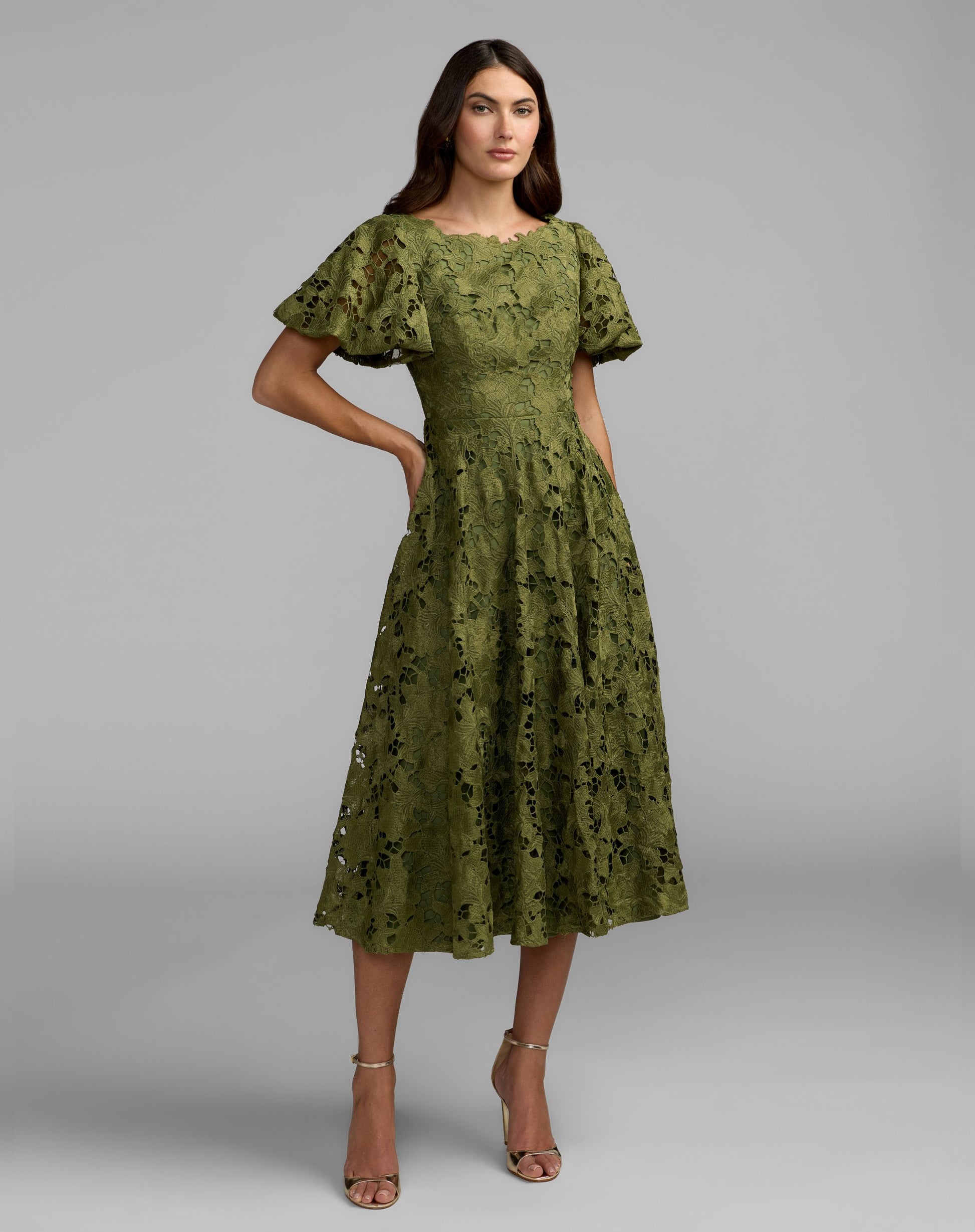 Green Floral Lace Flutter Sleeve Midi Dress - Mac Duggal