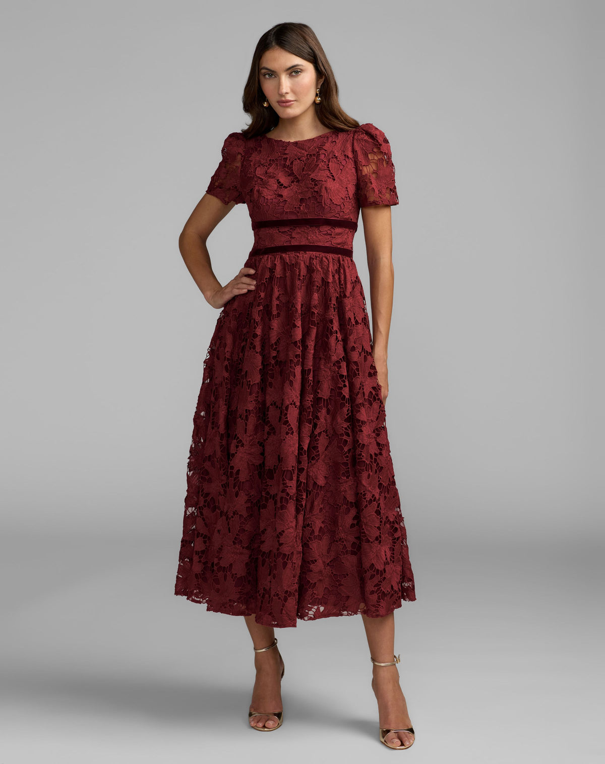 Burgundy A-Line Short Sleeve Lace Midi Dress - Mac Duggal