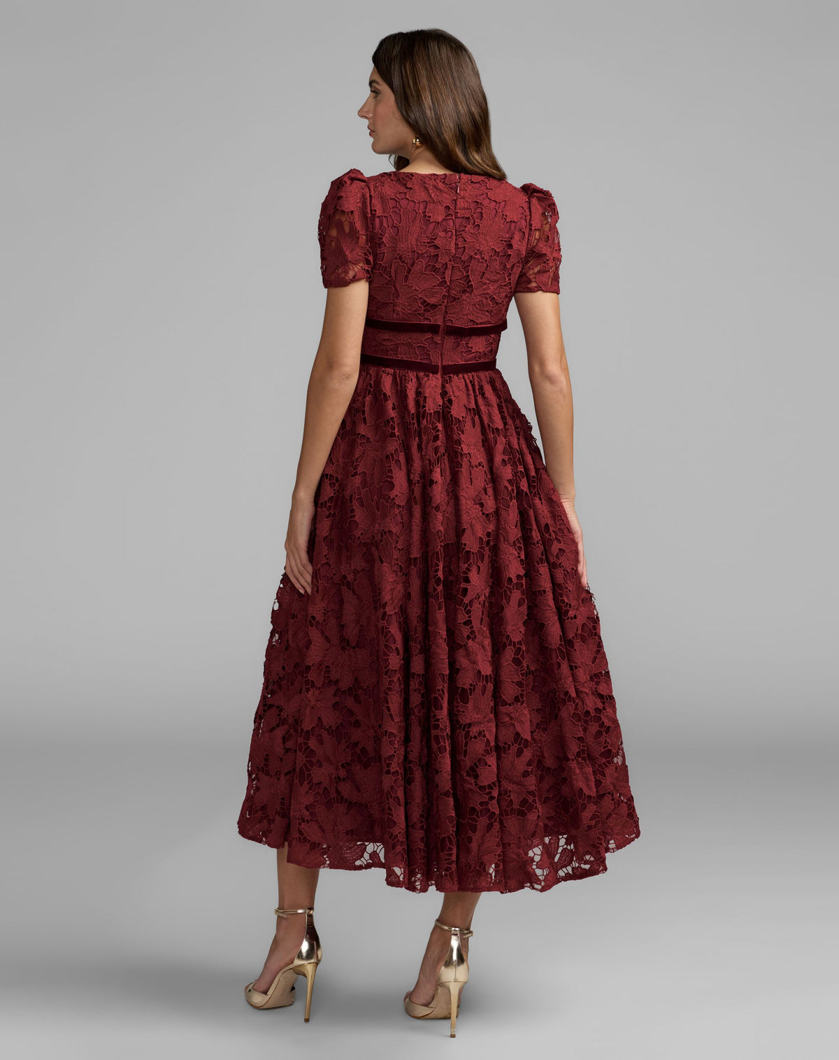 Burgundy A-Line Short Sleeve Lace Midi Dress - Mac Duggal