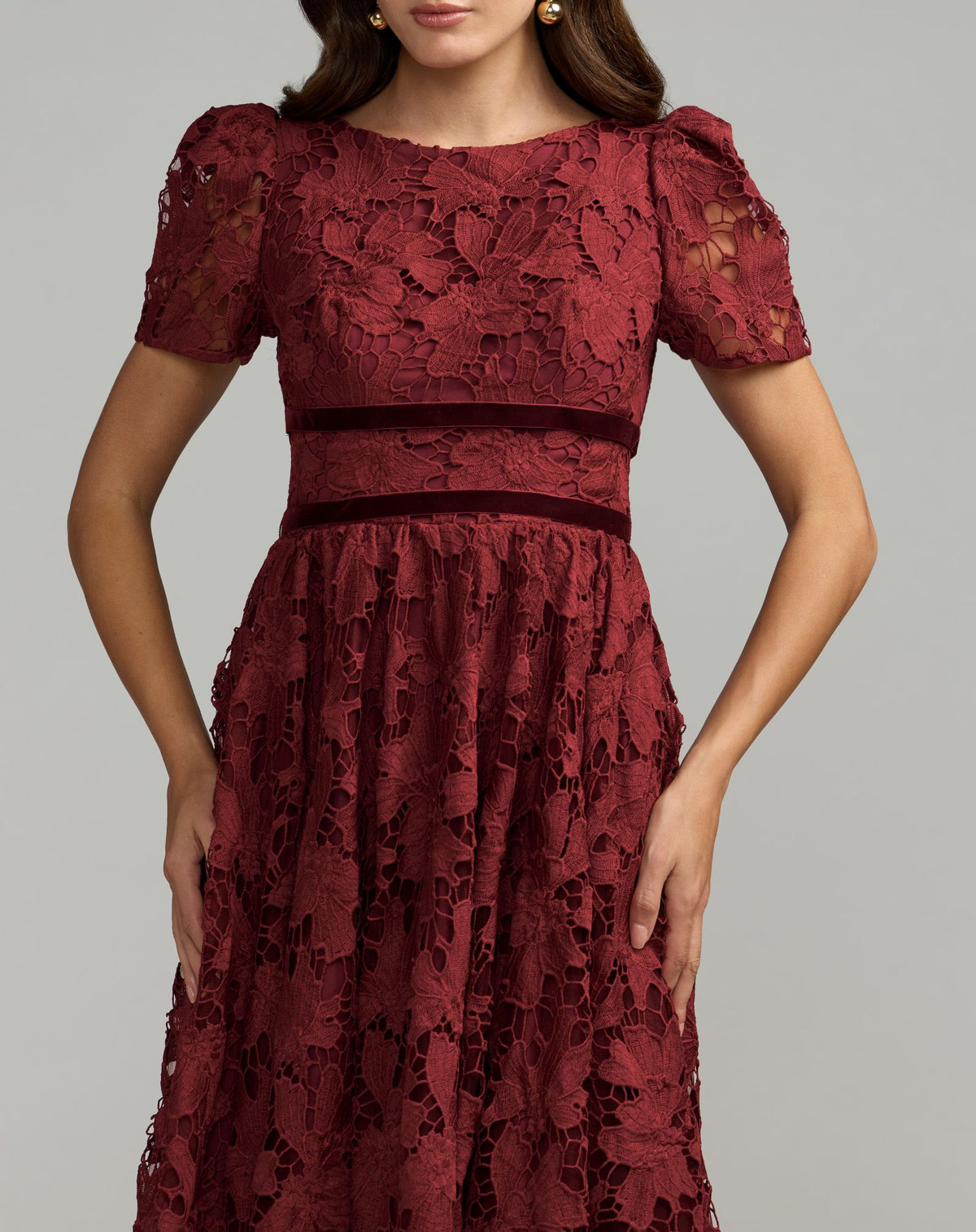 Burgundy A-Line Short Sleeve Lace Midi Dress - Mac Duggal