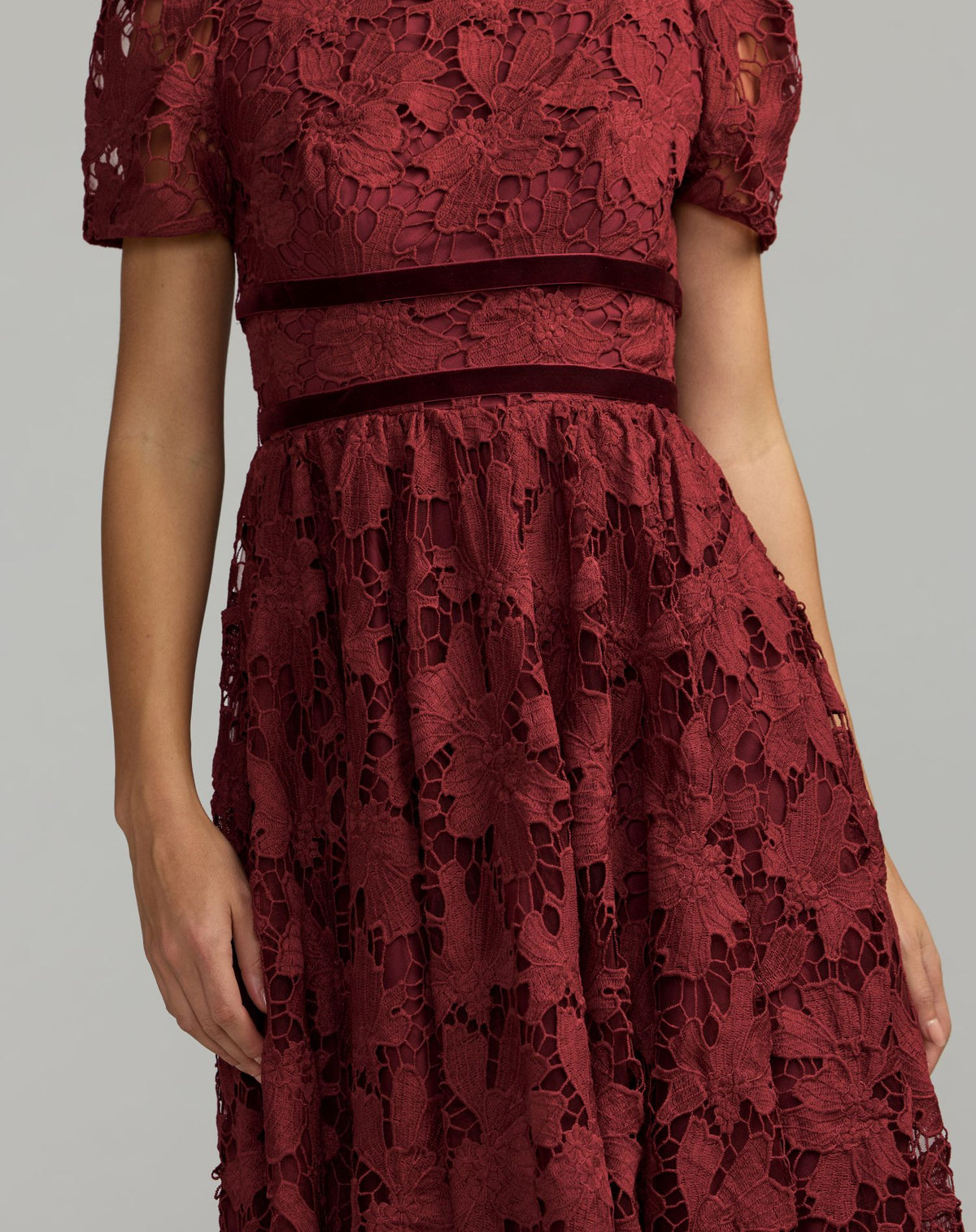 Burgundy A-Line Short Sleeve Lace Midi Dress - Mac Duggal