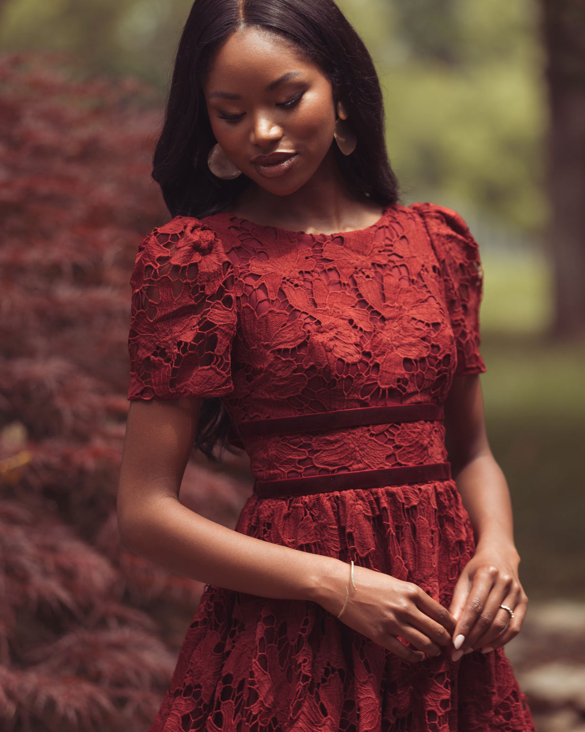 Burgundy A-Line Short Sleeve Lace Midi Dress - Mac Duggal