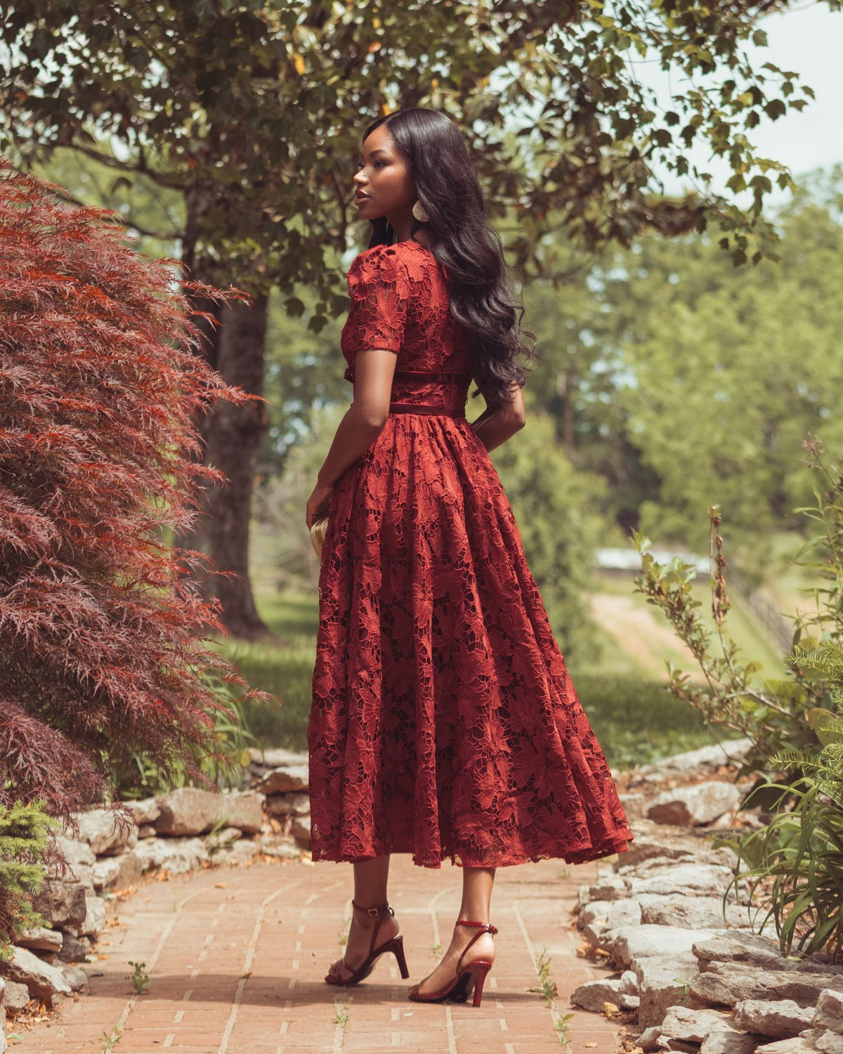 Burgundy A-Line Short Sleeve Lace Midi Dress - Mac Duggal