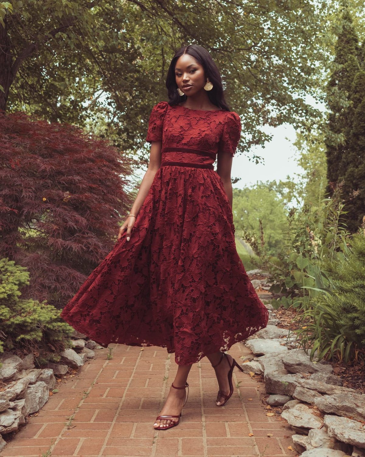Burgundy A-Line Short Sleeve Lace Midi Dress - Mac Duggal