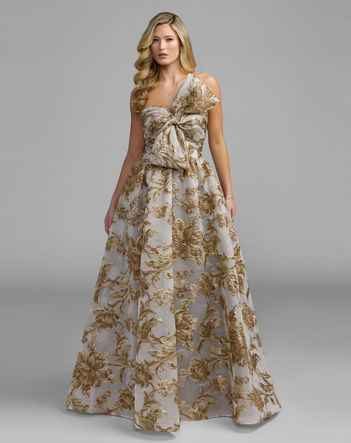 Gold Floral Strapless Brocade Ballgown With Bow - Mac Duggal