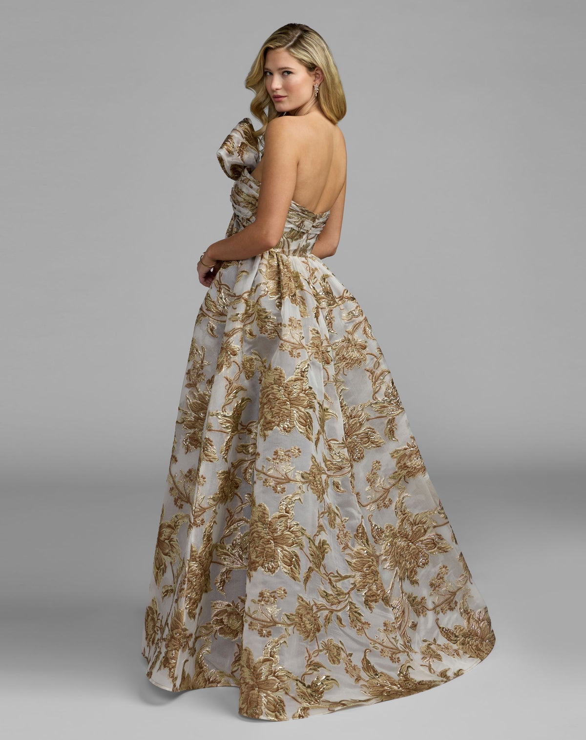 Gold Floral Strapless Brocade Ballgown With Bow - Mac Duggal