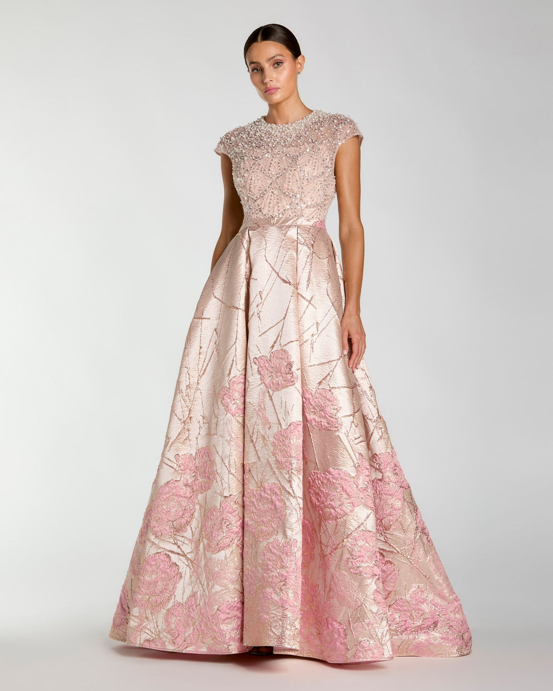 Pink Cap Sleeve Embellished Floral Brocade Ball Gown Mac Duggal