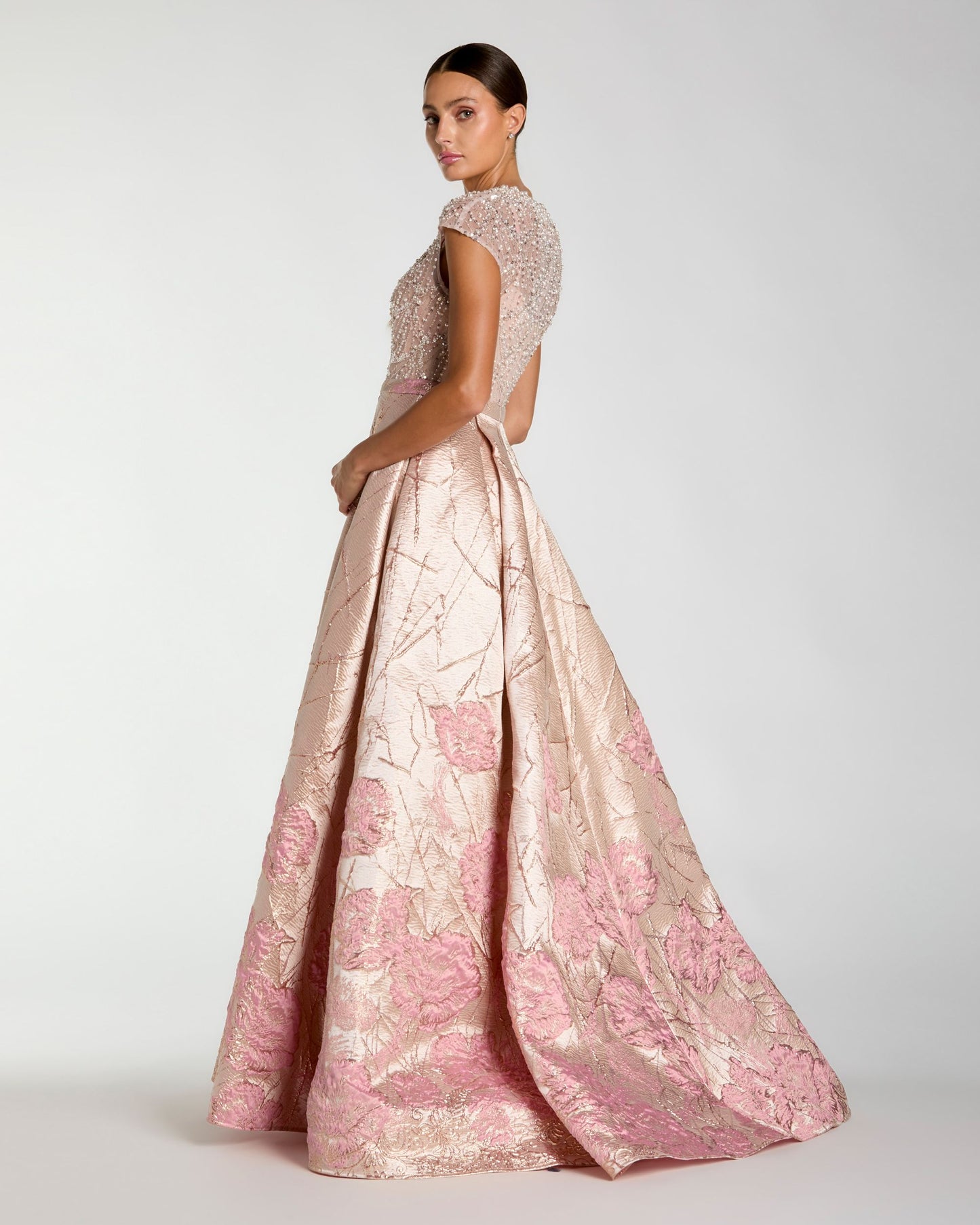 Pink Cap Sleeve Embellished Floral Brocade Ball Gown Mac Duggal