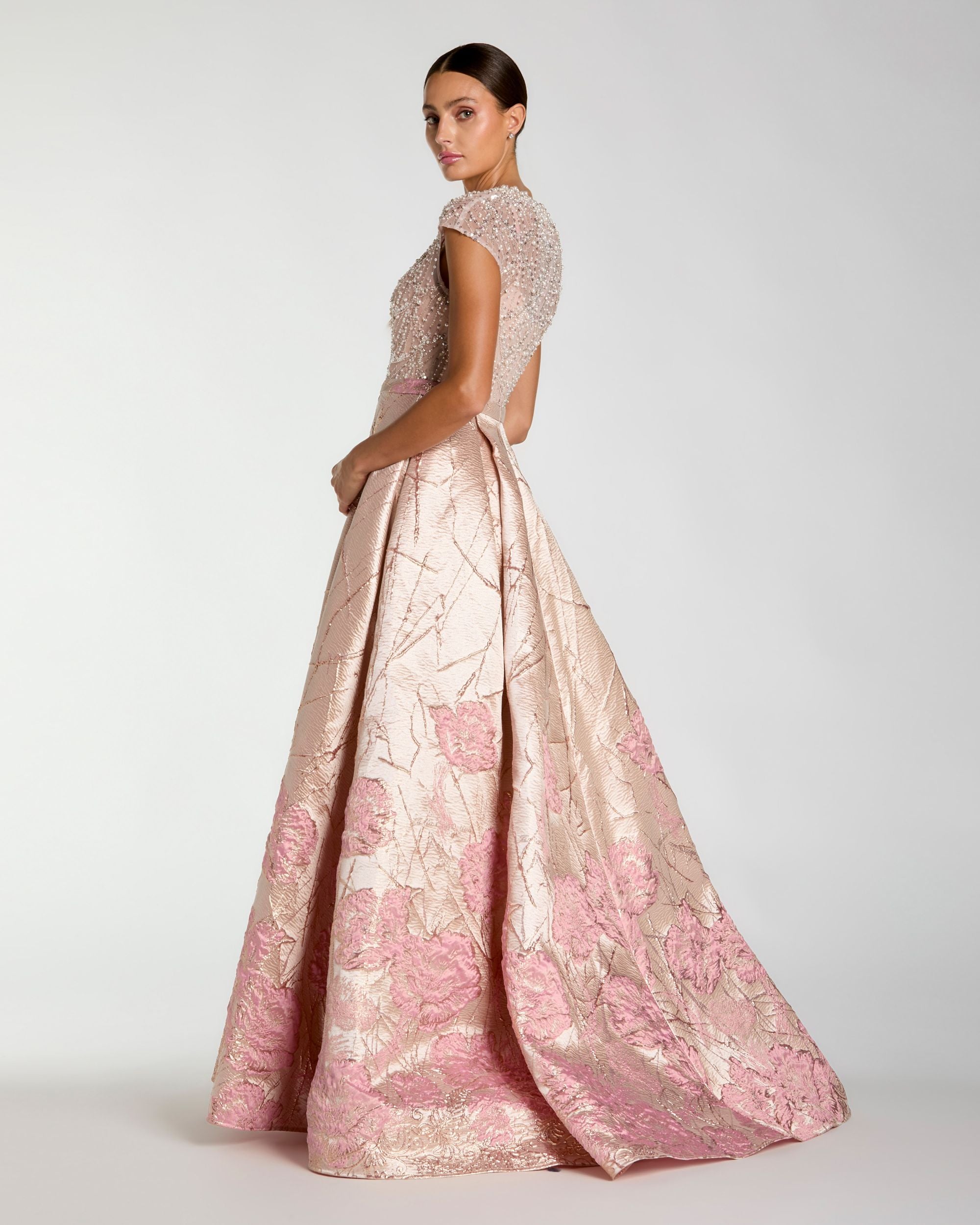 Pink Cap Sleeve Embellished Floral Brocade Ball Gown Mac Duggal
