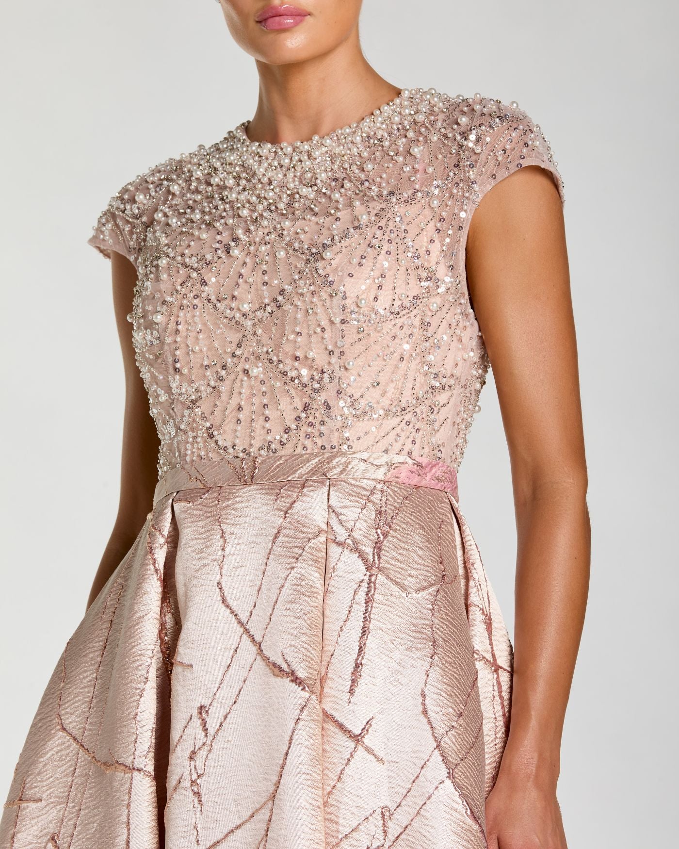 Pink Cap Sleeve Embellished Floral Brocade Ball Gown Mac Duggal