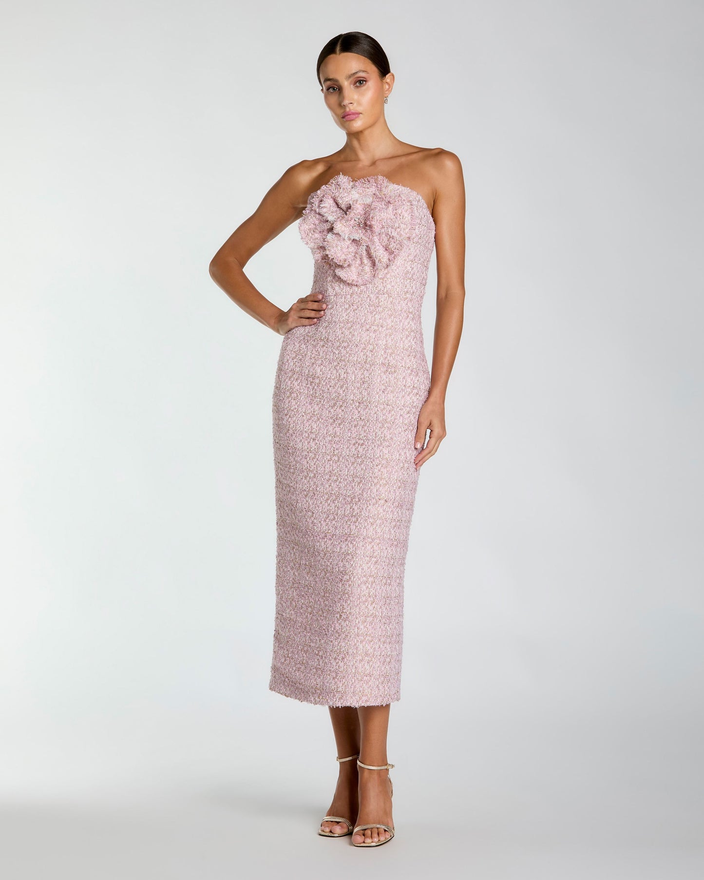 Pink Strapless Bouclé Midi Dress With 3D Flower Ieena for Mac Duggal