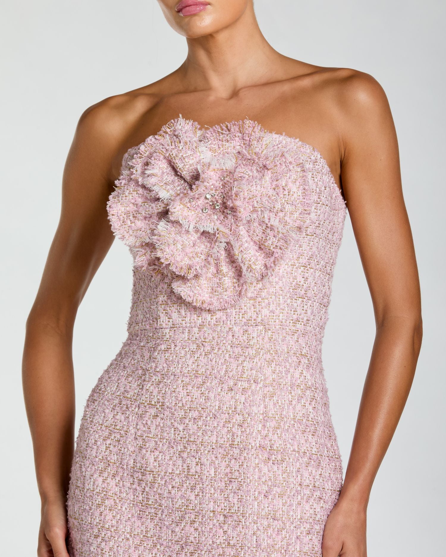 Pink Strapless Bouclé Midi Dress With 3D Flower Ieena for Mac Duggal