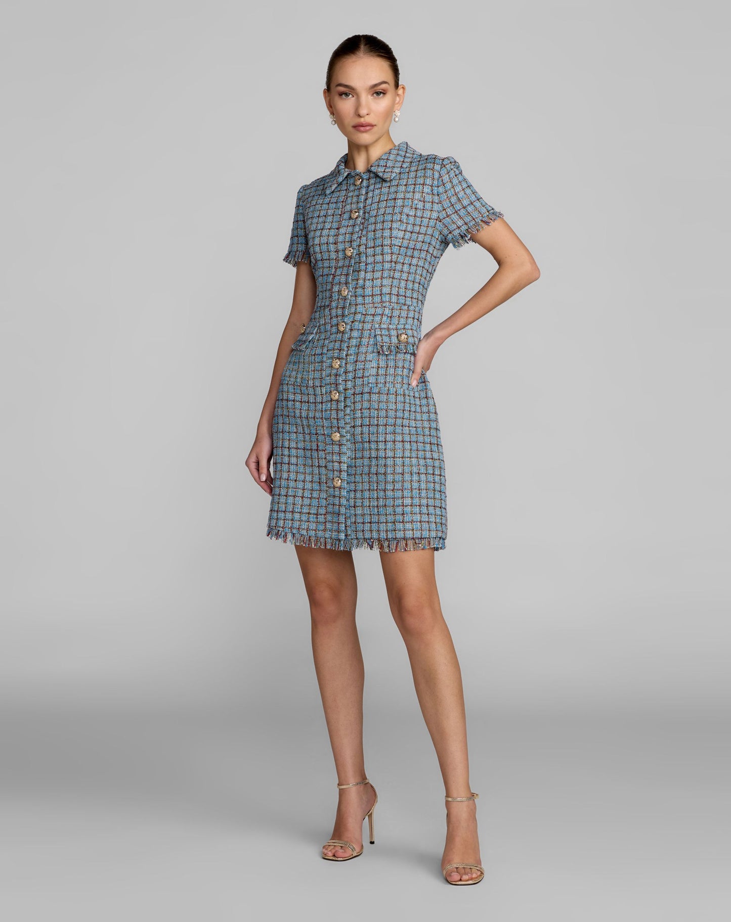 Blue Short Sleeve Collared Mini Dress - Ieena for Mac Duggal