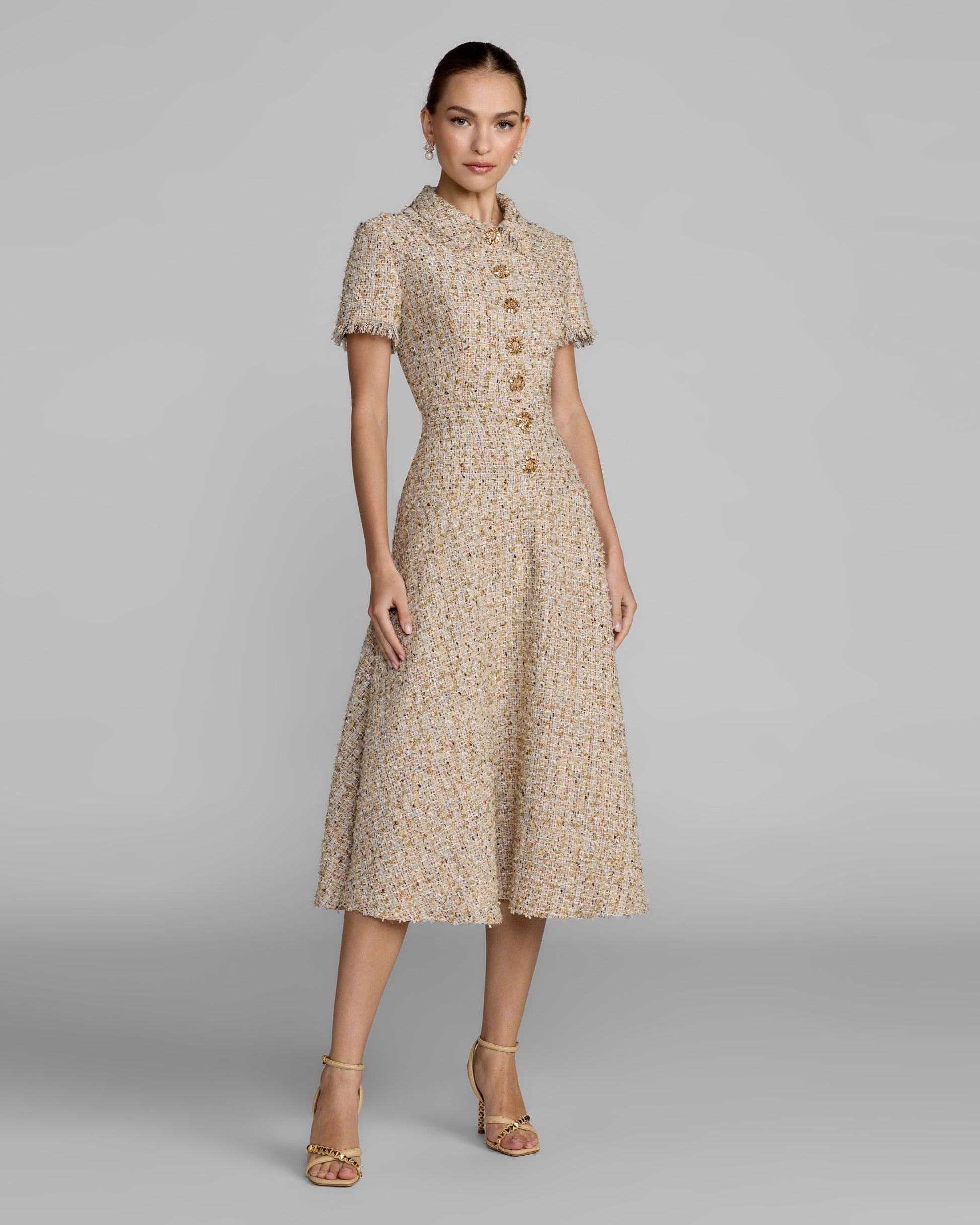 Beige Bouclé Midi Dress with Rhinestone Buttons Ieena for Mac Duggal