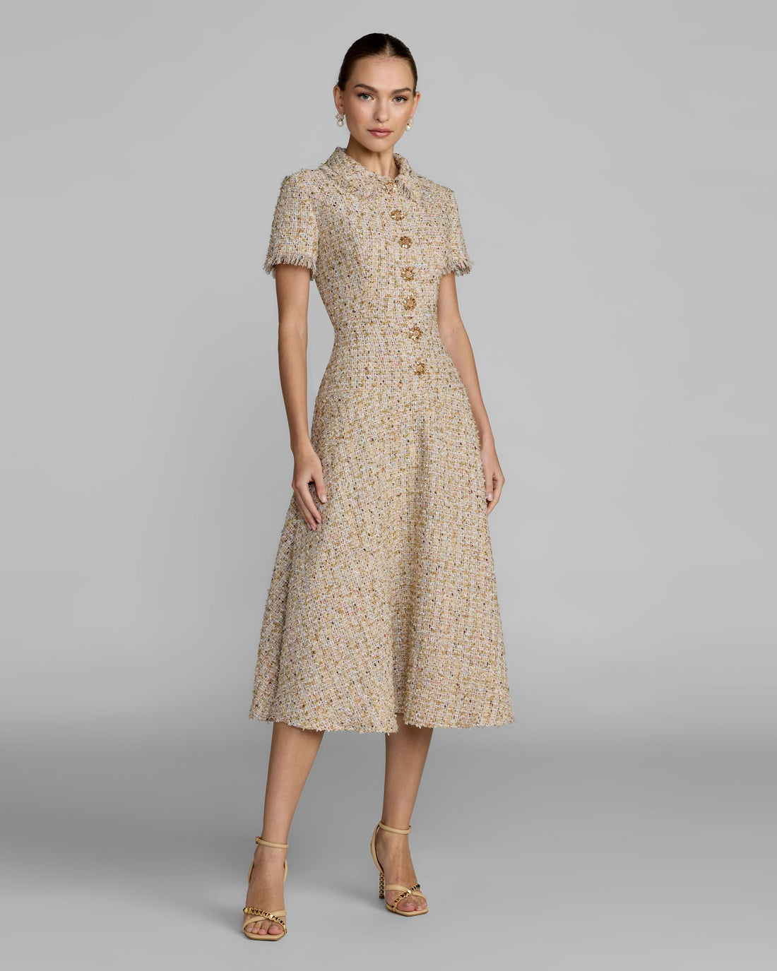 Beige Bouclé Midi Dress with Rhinestone Buttons Ieena for Mac Duggal
