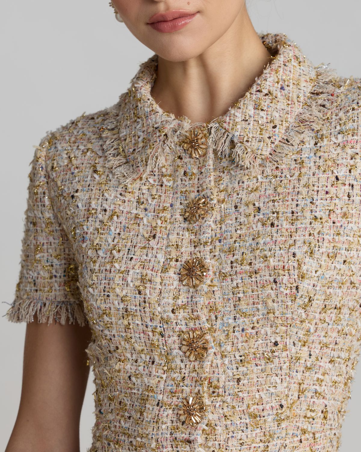 Beige Bouclé Midi Dress with Rhinestone Buttons Ieena for Mac Duggal