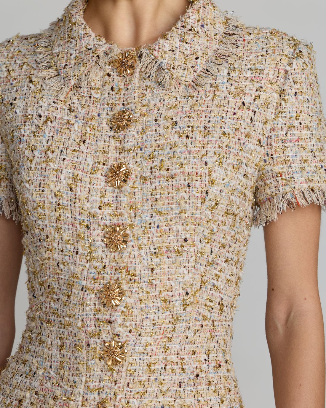 Beige Bouclé Midi Dress with Rhinestone Buttons Ieena for Mac Duggal