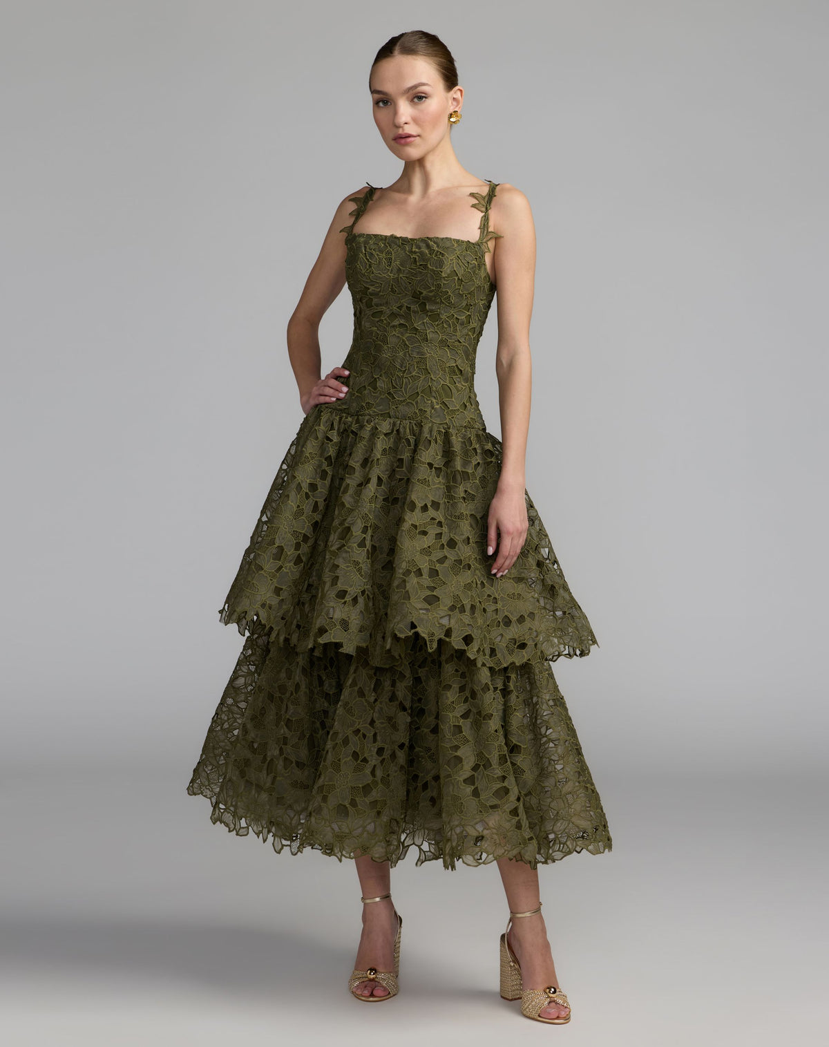 Olive Sleeveless Embroidered Lace Tiered Midi Dress - Mac Duggal
