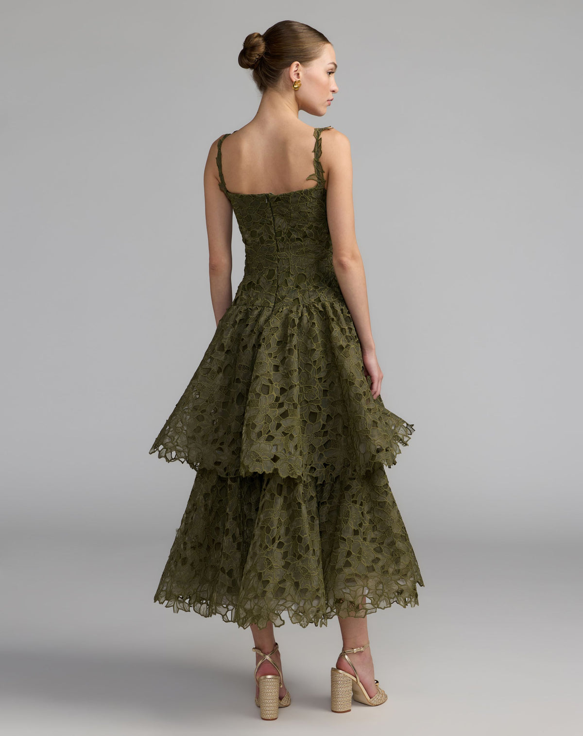 Olive Sleeveless Embroidered Lace Tiered Midi Dress - Mac Duggal