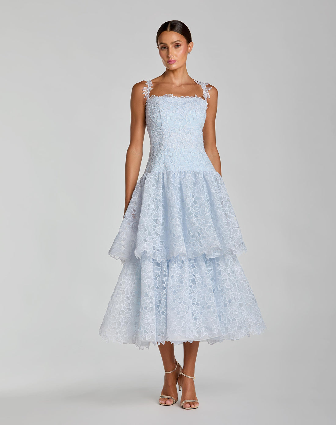 Blue Floral Lace Tiered Midi Dress Ieena for Mac Duggal
