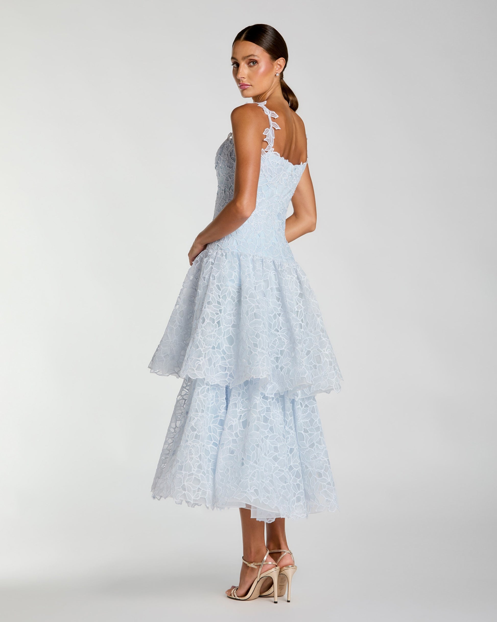 Blue Floral Lace Tiered Midi Dress Ieena for Mac Duggal